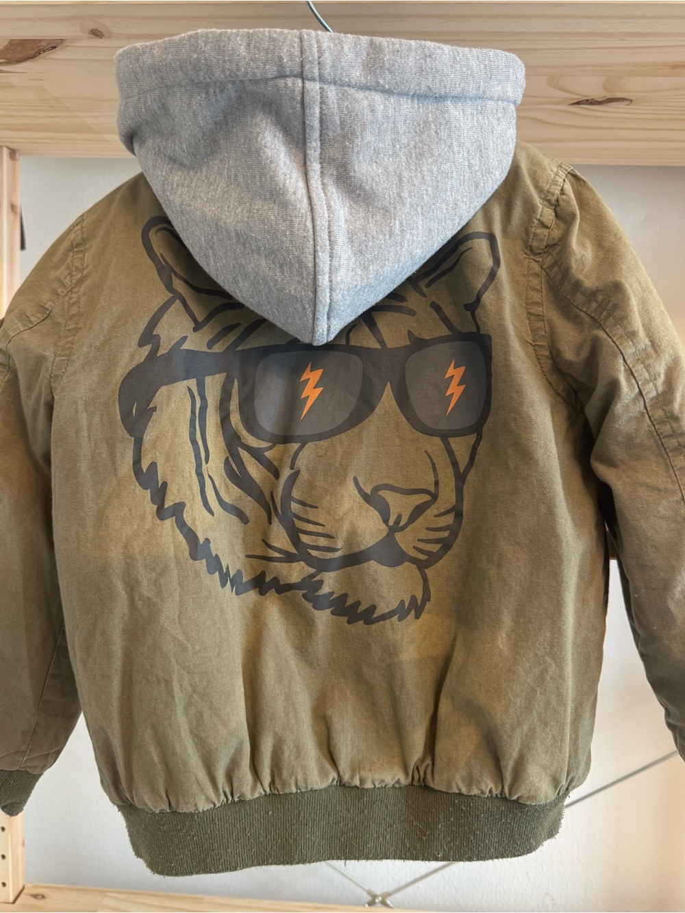 Boys 3-4 Olive Hooded Bomber Jacket with Tiger Sunglasses Graphic